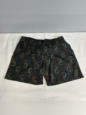 ENNEA Swim Trunks Men’s XL  Black Multicolor Mushroom Mesh Lining 3 Pockets Flaw